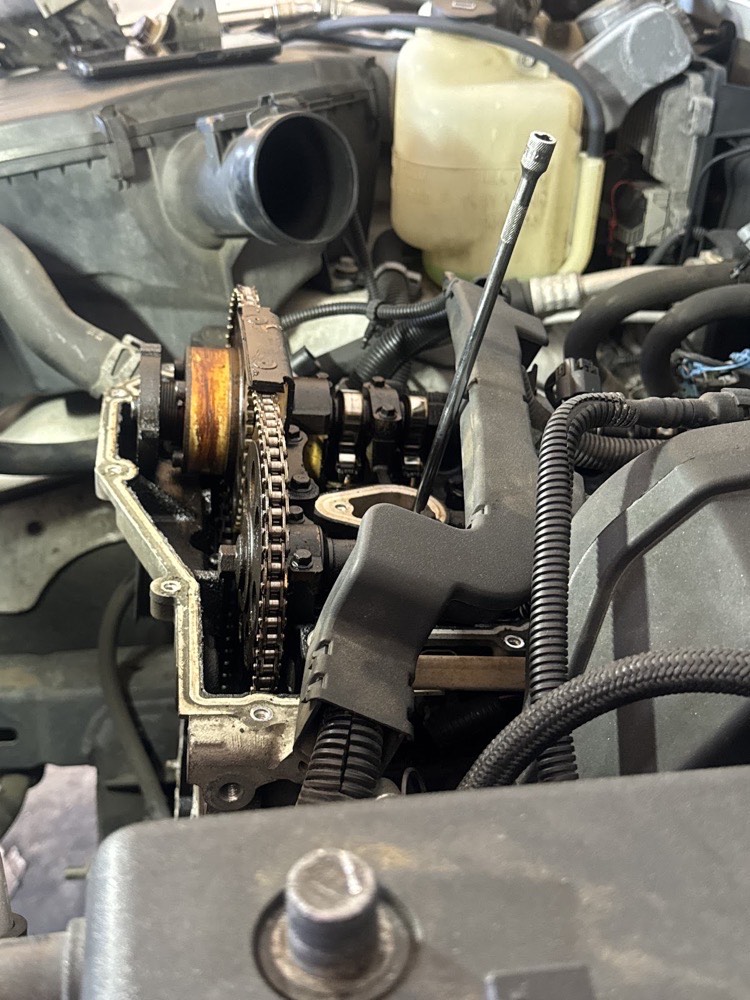 Close-up of timing-chain and engine work at DTR Autoworks