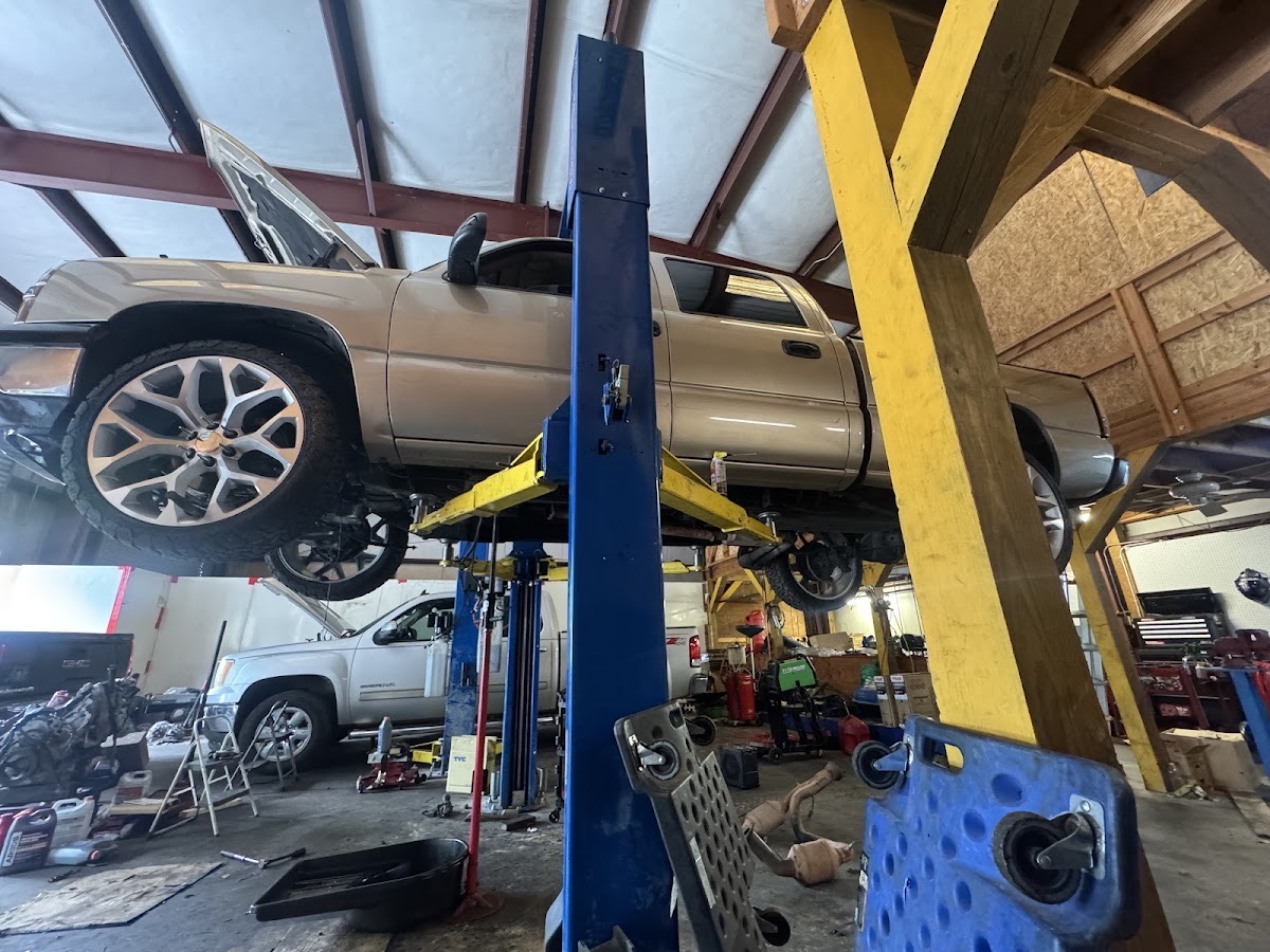 A truck up on the lift in the DTR Autoworks service bay in Stockbridge, GA
